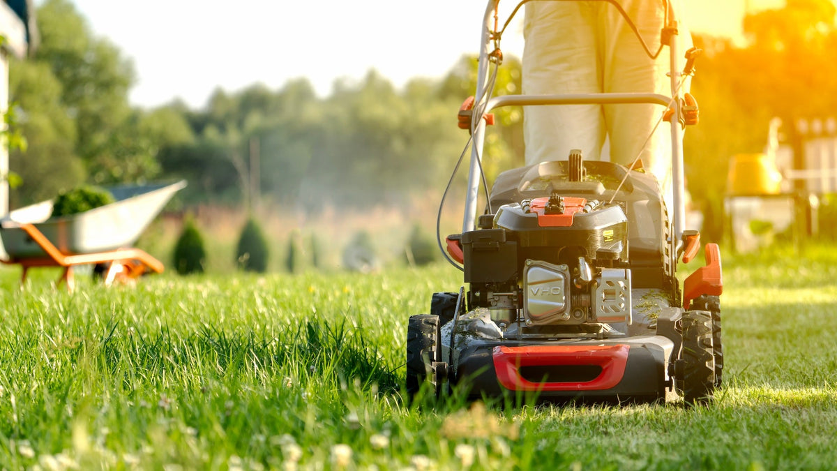 Person mowing a lawn with a lawnmower on a sunny day